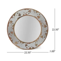 Handcrafted Mango Wood Round Mirror with Aluminum Fitted Floral Design, 22.5" L x 1" W x 22.5" H, Natural(m-3)