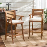 Vinsetto 2PC Modern Outdoor Barstool Set with Ladder-Back Design, Acacia Wood Frame with Water-Resistant Cushions, Footrests and Armrests, 22.75" L x 22.75" W x 46.5" H, Brown(m-4)