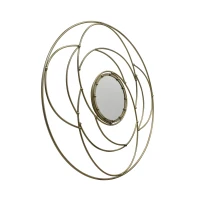 Round Flower Patterned Wall Mirror with Stainless Steel Frame, No Assembly Required, 35.25" L x 35.25" W x 1.5" H, Gold(m-7)