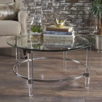 Clear Tempered Glass Round Coffee Table with Iron and Acrylic Frame, Modern Living Room Centerpiece, 35.5" L x 35.5" W x 18" H, Clear(m-4)