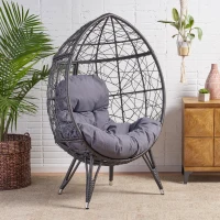 Outdoor Wicker Teardrop Chair with Water-Resistant Cushions, Faux Rattan Iron Frame, Handcrafted Detailing, 38.5" L x 30.75" W x 57.25" H, Gray(m-5)