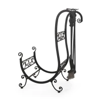 Fireplace Log Rack and Tool Set, Iron Construction with Shovel, Brush, Tongs, and Log Holder, 22" L x 16" W x 31" H, Matte Black(m-2)