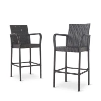 Outdoor Wicker Barstools Set of 2, Faux Rattan with Metal Frame, Weather Resistant, 24.8" L x 24.35" W x 46.5" H, Gray(m-2)