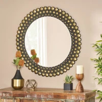 Contemporary Studded Round Wall Mirror, Tempered Glass with Iron Frame, Hand-Crafted, No Assembly Required, 35.5" x 35.5", Black(m-4)