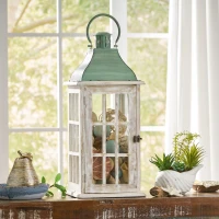 Handcrafted Mango Wood Decorative Lantern with Tempered Glass Panels, Coastal Finish, and Iron Handle, 10.25" L x 10.25" W x 24.5" H, White+Green(m-1)