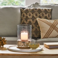 Boho Handcrafted Mango Wood Hurricane Candle Holder with Tempered Glass Cover and Metal Accents, 6.75" x 6.75" x 9.5", Natural(m-4)