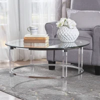 Clear Tempered Glass Round Coffee Table with Iron and Acrylic Frame, Modern Living Room Centerpiece, 35.5" L x 35.5" W x 18" H, Clear(m-1)