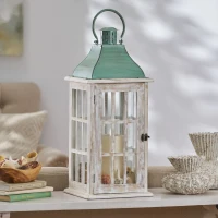 Handcrafted Mango Wood Decorative Lantern with Tempered Glass Panels, Coastal Finish, and Iron Handle, 10.25" L x 10.25" W x 24.5" H, White+Green(m-4)