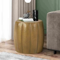 Metal Drum End Table with Lightweight and Durable Iron Construction, Mandala-Inspired Tabletop, No Assembly Required, 18.25" x 18.25" x 17.25", Gold(m-5)