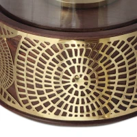 Boho Handcrafted Mango Wood Hurricane Candle Holder with Tempered Glass Cover and Metal Accents, 7.25" x 7.25" x 12", Brown(m-8)