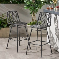 Accent Outdoor Wicker Barstools Set of 2, Hand-Wrapped Faux Rattan, Iron Frame, Assembly Required, 20.25" L x 21.75" W x 43" H, Gray(m-1)