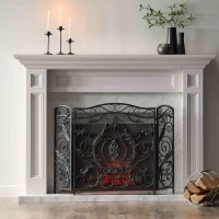 Retro style Fireplace Screen with Ornate Floral Iron Design and Three-Panel, No Assembly Required, 53.5" L x 2" W x 36.5" H, Black+Silver(m-4)