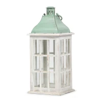 Handcrafted Mango Wood Decorative Lantern with Tempered Glass Panels, Coastal Finish, and Iron Handle, 10.25" L x 10.25" W x 24.5" H, White+Green(m-2)