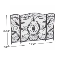 Retro style Fireplace Screen with Ornate Floral Iron Design and Three-Panel, No Assembly Required, 53.5" L x 2" W x 36.5" H, Black+Silver(m-3)