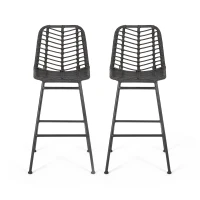 Accent Outdoor Wicker Barstools Set of 2, Hand-Wrapped Faux Rattan, Iron Frame, Assembly Required, 20.25" L x 21.75" W x 43" H, Gray(m-2)
