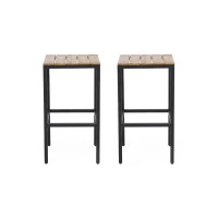 Outdoor Industrial Acacia Wood Bar Stools Set of 2, Metal Frame with Footrests, 16" L x 16" W x 30" H, Teak+Black(m-2)