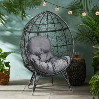 Outdoor Wicker Teardrop Chair with Water-Resistant Cushions, Faux Rattan Iron Frame, Handcrafted Detailing, 38.5" L x 30.75" W x 57.25" H, Gray(m-4)