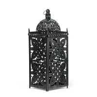 Large Indian Style Lantern with Green Patina and Black Finish, Hand-Crafted Iron, 8.25" L x 8.25" W x 23.25" H, Black(m-2)