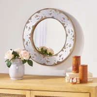 Handcrafted Mango Wood Round Mirror with Aluminum Fitted Floral Design, 22.5" L x 1" W x 22.5" H, Natural(m-4)