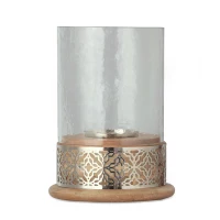 Boho Handcrafted Mango Wood Hurricane Candle Holder with Tempered Glass Cover and Metal Accents, 6.75" x 6.75" x 9.5", Natural(m-9)