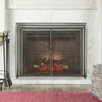Iron Fireplace Screen with Easy Access Doors, Matte Black Finish, Hand-Crafted Details, 40" L x 10.25" W x 30.5" H, Black+Gold(m-4)
