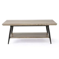 Mid-Century Coffee Table with Lower Shelf, Powder-Coated Steel Legs, MDF with Veneer, 43.25" L x 23.5" W x 17" H, Gray(m-9)