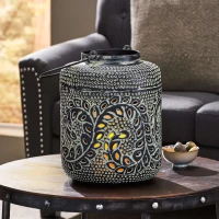 Large Indian Style Lantern with Green Patina and Black Finish, Hand-Crafted Iron, 12"L x 12"W x 15"H, Blackish Green(m-4)