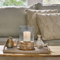 Boho Handcrafted Mango Wood Hurricane Candle Holder with Tempered Glass Cover and Metal Accents, 6.75" x 6.75" x 9.5", Natural(m-5)