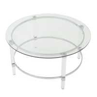 Clear Tempered Glass Round Coffee Table with Iron and Acrylic Frame, Modern Living Room Centerpiece, 35.5" L x 35.5" W x 18" H, Clear(m-2)
