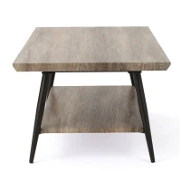 Mid-Century Coffee Table with Lower Shelf, Powder-Coated Steel Legs, MDF with Veneer, 43.25" L x 23.5" W x 17" H, Gray(m-10)