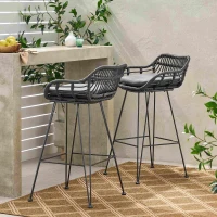 Outdoor Wicker Barstools Set of 2 with Cushions, Handcrafted Faux Rattan, Water-Resistant Fabric, Iron Frame, 22" L x 23.25" W x 38" H, Gray(m-4)