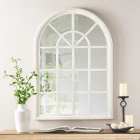 Traditional Arched Windowpane Mirror, Handcrafted Mango Wood Frame, Ready to Hang, 31" L x 1.25" W x 44" H, White(m-1)
