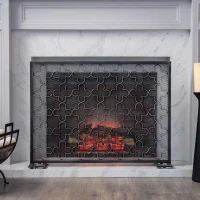 Modern Iron Fire Screen with Single Panel Design and Fine Mesh, Geometric Pattern, and Easy Assembly, 41" L x 8" W x 30.75" H, Black+Silver(m-4)
