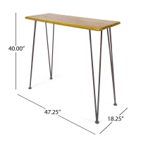 Modern Outdoor Industrial Teak Finished Acacia Wood Bar Table with Iron Hairpin Legs, Outdoor Acacia Wood with Teak Finish, 47.25" L x 18.25" W x 40" H, Brown(m-3)