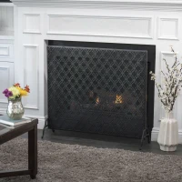 Modern Single Panel Iron Fireplace Screen with Durable Iron Frame, Rustproof Solid Free Standing Fire, 39.5" L x 11.25" W x 35" H, Black(m-4)