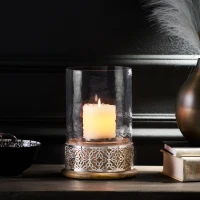 Boho Handcrafted Mango Wood Hurricane Candle Holder with Tempered Glass Cover and Metal Accents, 6.75" x 6.75" x 9.5", Natural(m-1)