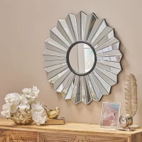 Glam Round Flower Patterned Wall Mirror with Faux Wood Frame, No Assembly Required, 31" L x 31" W x 1" H, Silver(m-4)