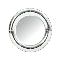 Glam Circular Wall Mirror with Faux Wood Frame, Tempered Glass, Curved Round Mirror, No Assembly Required, 31.5" L x 31.5" W x 1.38" H, Clear(m-2)