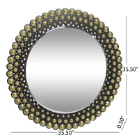 Contemporary Studded Round Wall Mirror, Tempered Glass with Iron Frame, Hand-Crafted, No Assembly Required, 35.5" x 35.5", Black(m-3)