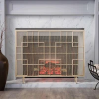 Modern Iron Fire Screen with Single Panel Design and Fine Mesh, Geometric Pattern, and Easy Assembly, 41" L x 8" W x 30.75" H, Gold(m-4)