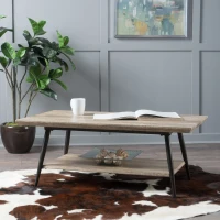 Mid-Century Coffee Table with Lower Shelf, Powder-Coated Steel Legs, MDF with Veneer, 43.25" L x 23.5" W x 17" H, Gray(m-1)