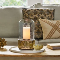 Boho Handcrafted Mango Wood Hurricane Candle Holder with Tempered Glass Cover and Metal Accents, 7.25" x 7.25" x 12", Brown(m-5)