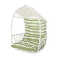 Outdoor/Indoor Wicker Hanging Chair with Water-Resistant Cushions and Faux Rattan, Professional Installation Required, 34.5" L x 25" W x 46.25" H, White+Green(m-2)