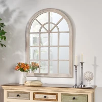 Traditional Arched Windowpane Mirror, Handcrafted Mango Wood Frame, Ready to Hang, 31" L x 1.25" W x 44" H, White(m-4)