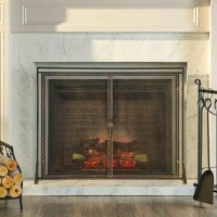 Iron Fireplace Screen with Easy Access Doors, Matte Black Finish, Hand-Crafted Details, 40" L x 10.25" W x 30.5" H, Black+Gold(m-1)