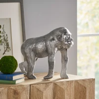 Handcrafted Aluminum Ape Figurine with Polished Silver Finish, Detailed Fur and Facial Features, 14" L x 5.5" W x 12.5" H, Gray(m-1)