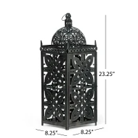 Large Indian Style Lantern with Green Patina and Black Finish, Hand-Crafted Iron, 8.25" L x 8.25" W x 23.25" H, Black(m-3)