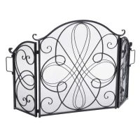Retro style Fireplace Screen with Ornate Wrought Iron Design, Foldable Three-Panel Structure, 55.75" L x 1.75" W x 32.25" H, Black+Silver(m-2)