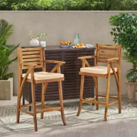 Vinsetto 2PC Modern Outdoor Barstool Set with Ladder-Back Design, Acacia Wood Frame with Water-Resistant Cushions, Footrests and Armrests, 22.75" L x 22.75" W x 46.5" H, Brown(m-1)