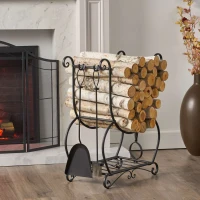 Traditional Fireplace Log Rack and Tool Set, Iron Construction with Shovel, Brush, Tongs, and Log Holder, 23.25" L x 11.75" W x 29.25" H, Matte Black(m-1)